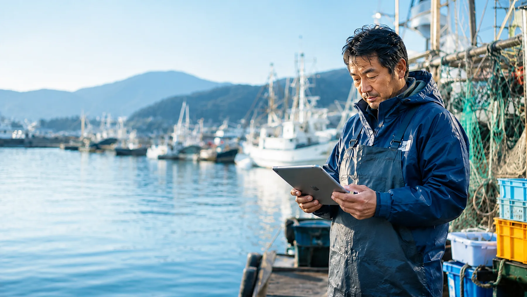 漁港でタブレットを使い出荷情報を確認する漁師