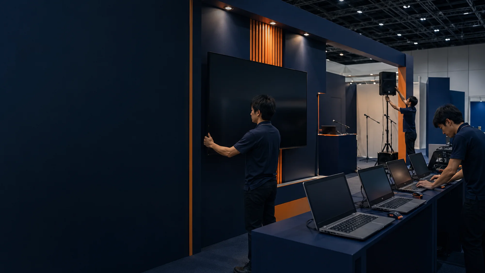 展示会ブースでディスプレイ・PC・音響を設営するスタッフ